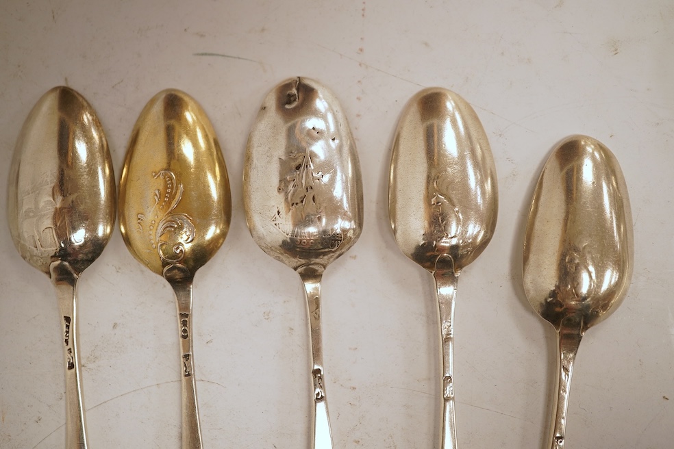 A collection of twenty nine assorted Georgian picture back teaspoons, various dates and makers, including three with masted ship, some marks indistinct, 10.2oz.